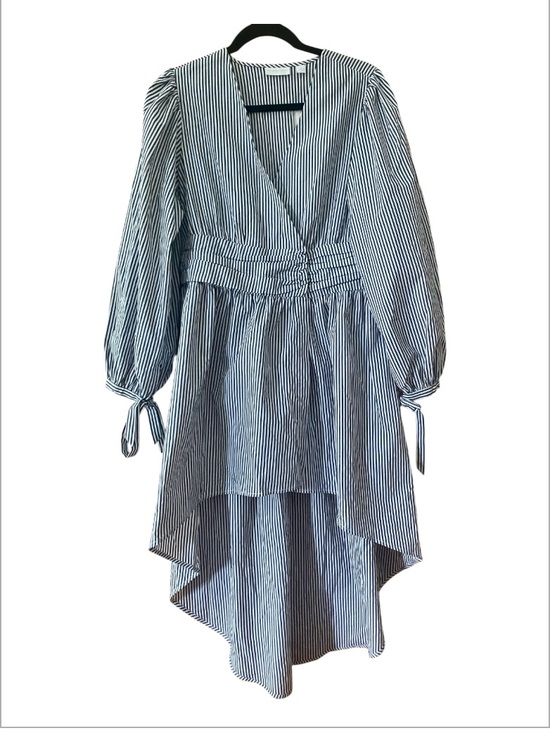 New York & Company Dresses & Skirts - New York & Company Striped High Low Midi Dress Tie Sleeve Blue White NWT Medium